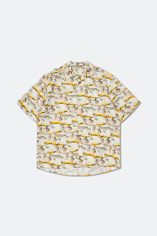 GROCERY BURNING DOLLAR PRINTED SHORT SLEEVE SHIRT/ LIGHT YELLOW - GROGROCERY
