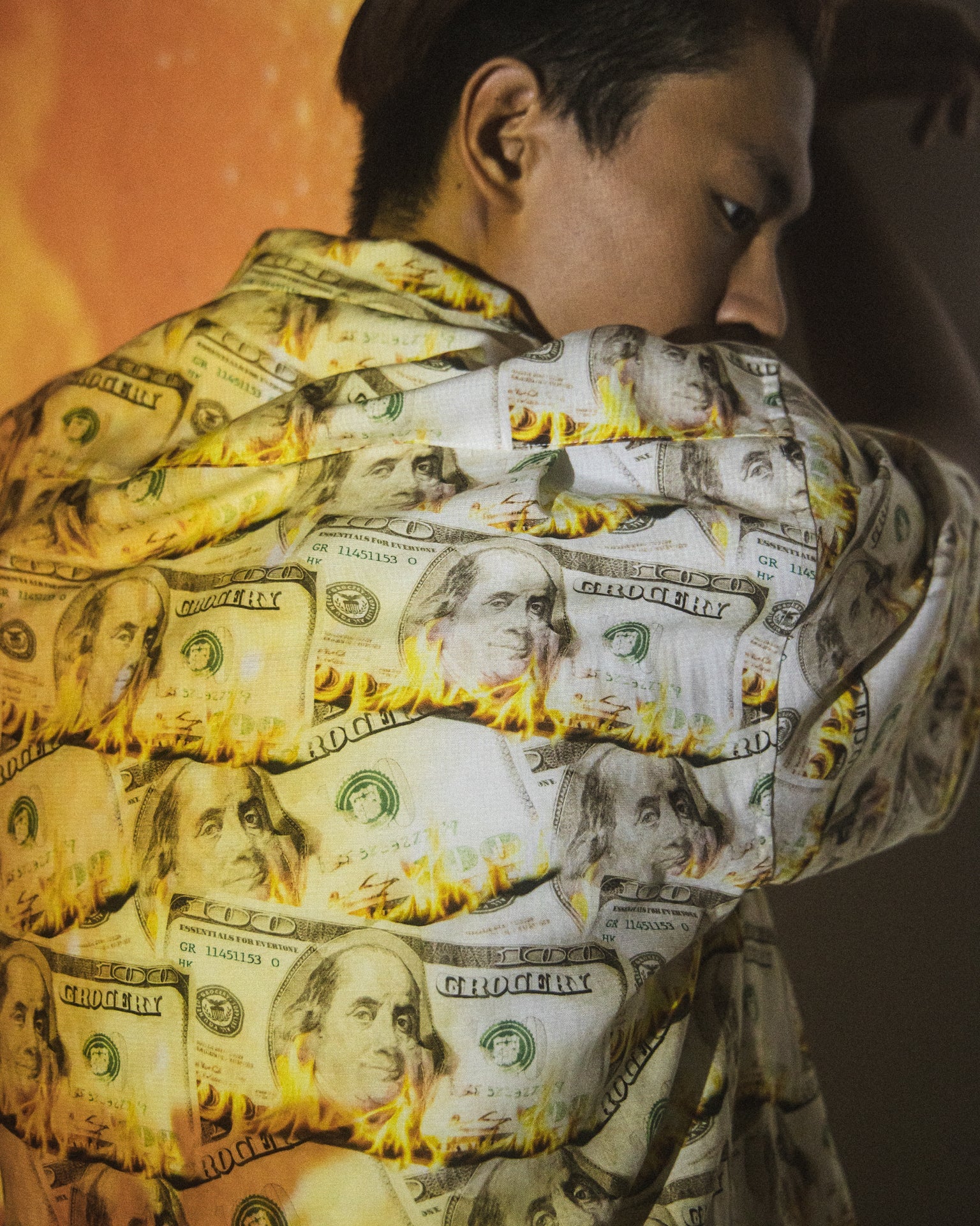 GROCERY BURNING DOLLAR PRINTED SHORT SLEEVE SHIRT/ LIGHT YELLOW - GROGROCERY