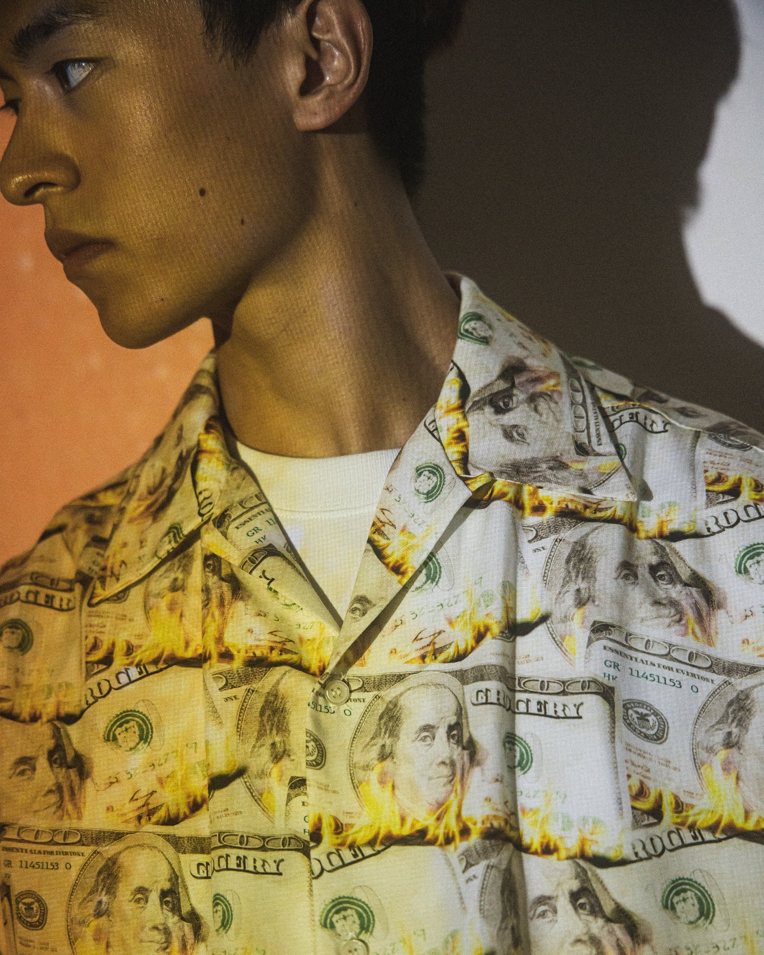 GROCERY BURNING DOLLAR PRINTED SHORT SLEEVE SHIRT/ LIGHT YELLOW - GROGROCERY