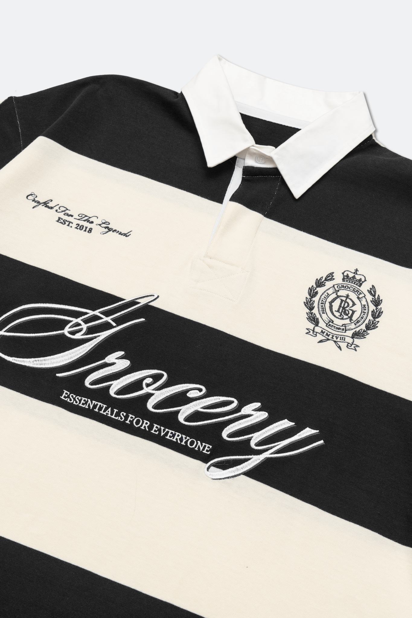 GROCERY COLLEGE EMBLEM EMBROIDERY LOGO STRIPE POLO SHIRT/ CREAM & BLACK - GROGROCERY