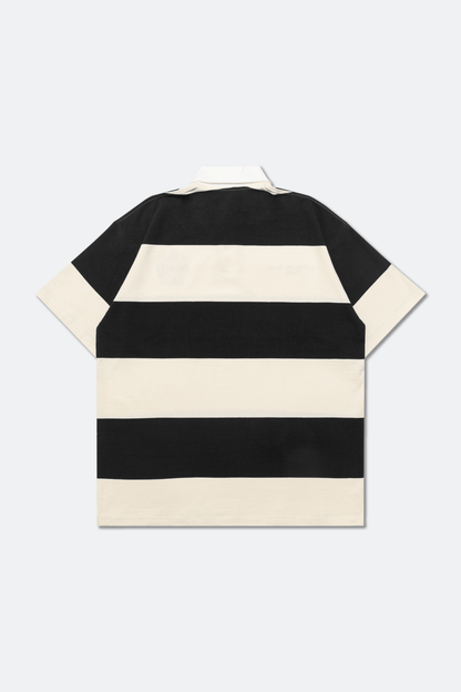 GROCERY COLLEGE EMBLEM EMBROIDERY LOGO STRIPE POLO SHIRT/ CREAM & BLACK - GROGROCERY