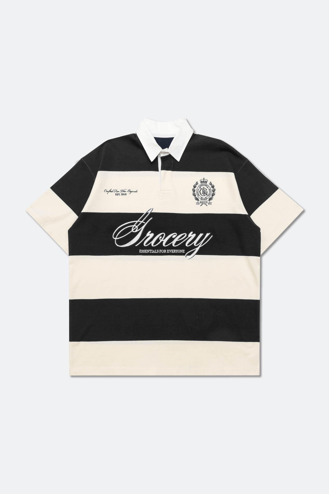 GROCERY COLLEGE EMBLEM EMBROIDERY LOGO STRIPE POLO SHIRT/ CREAM & BLACK - GROGROCERY