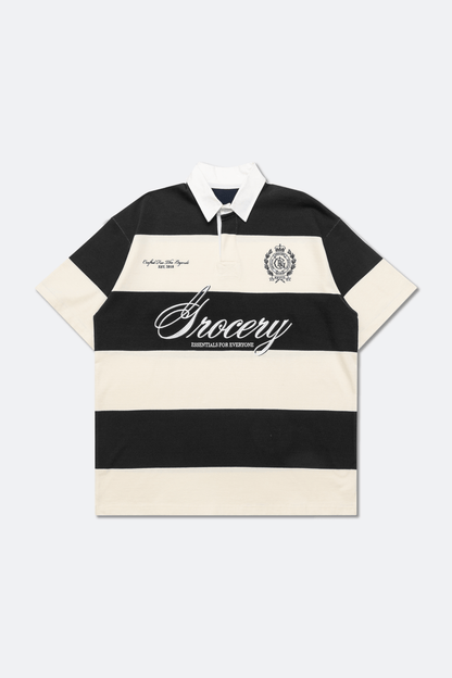 GROCERY COLLEGE EMBLEM EMBROIDERY LOGO STRIPE POLO SHIRT/ CREAM & BLACK - GROGROCERY