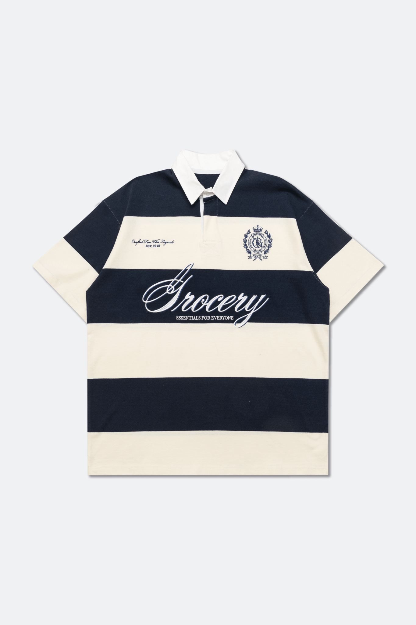 GROCERY COLLEGE EMBLEM EMBROIDERY LOGO STRIPE POLO SHIRT/ CREAM & NAVY - GROGROCERY