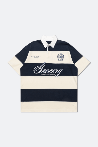 GROCERY COLLEGE EMBLEM EMBROIDERY LOGO STRIPE POLO SHIRT/ CREAM & NAVY - GROGROCERY
