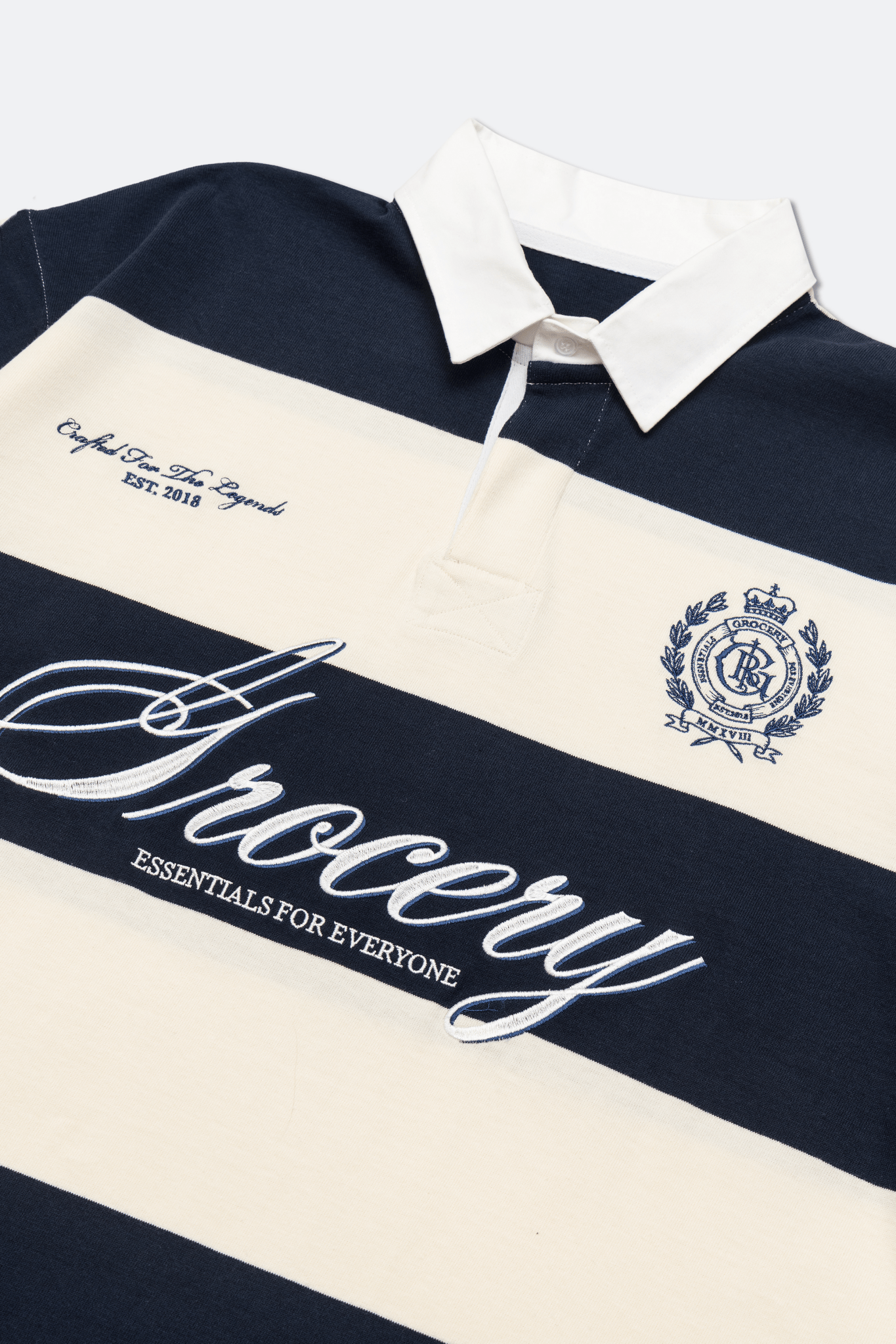 GROCERY COLLEGE EMBLEM EMBROIDERY LOGO STRIPE POLO SHIRT/ CREAM & NAVY - GROGROCERY