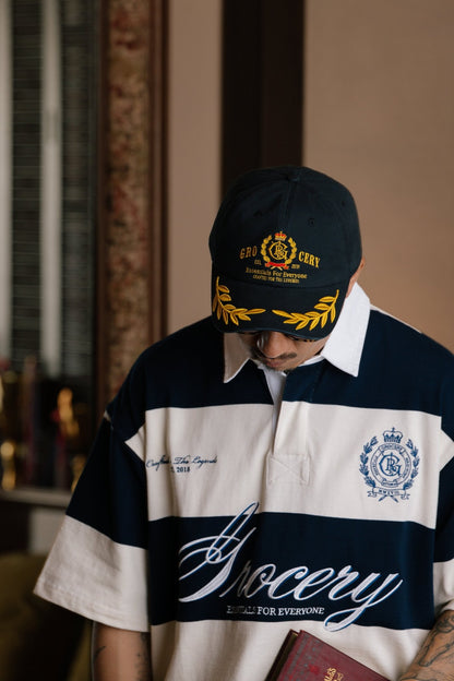 GROCERY COLLEGE EMBLEM EMBROIDERY LOGO STRIPE POLO SHIRT/ CREAM & NAVY - GROGROCERY