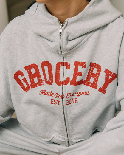 GROCERY COLLEGE LOGO CROPPED ZIP UP HOODIE/ GREY - GROGROCERY
