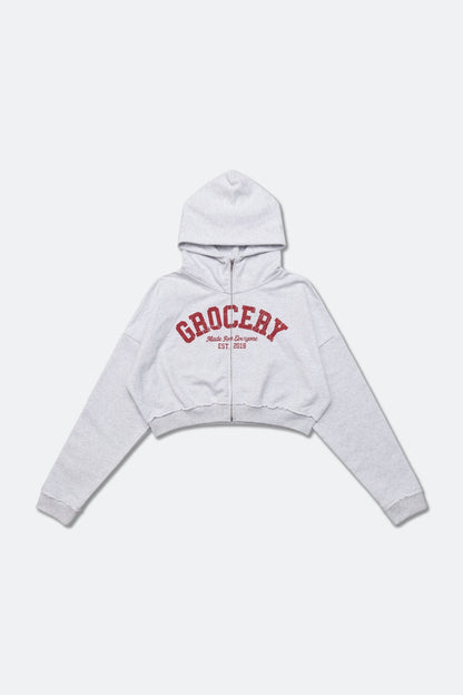 GROCERY COLLEGE LOGO CROPPED ZIP UP HOODIE/ GREY - GROGROCERY