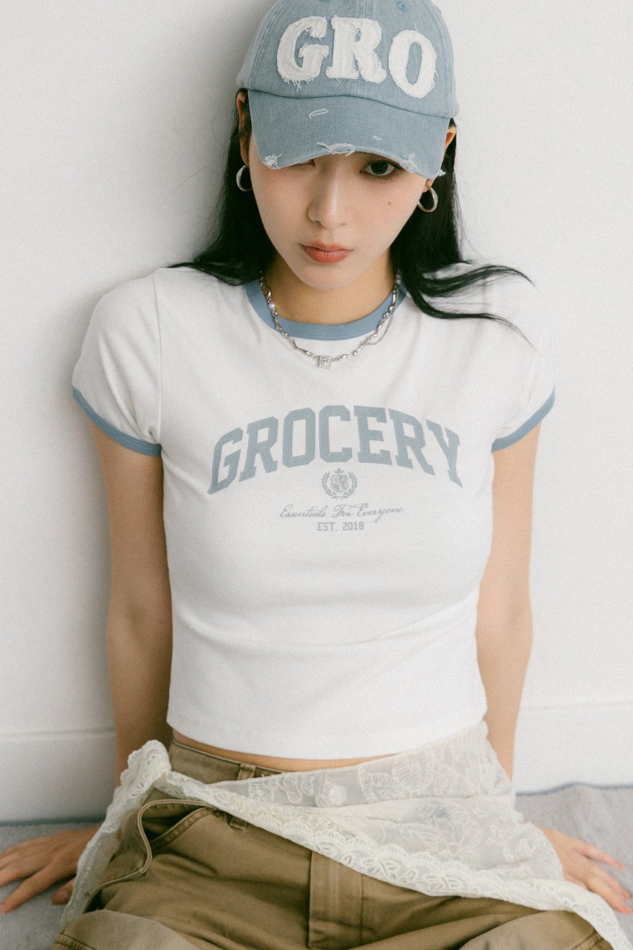 GROCERY COLLEGE LOGO RINGER BABY TEE/ WHITE - GROGROCERY