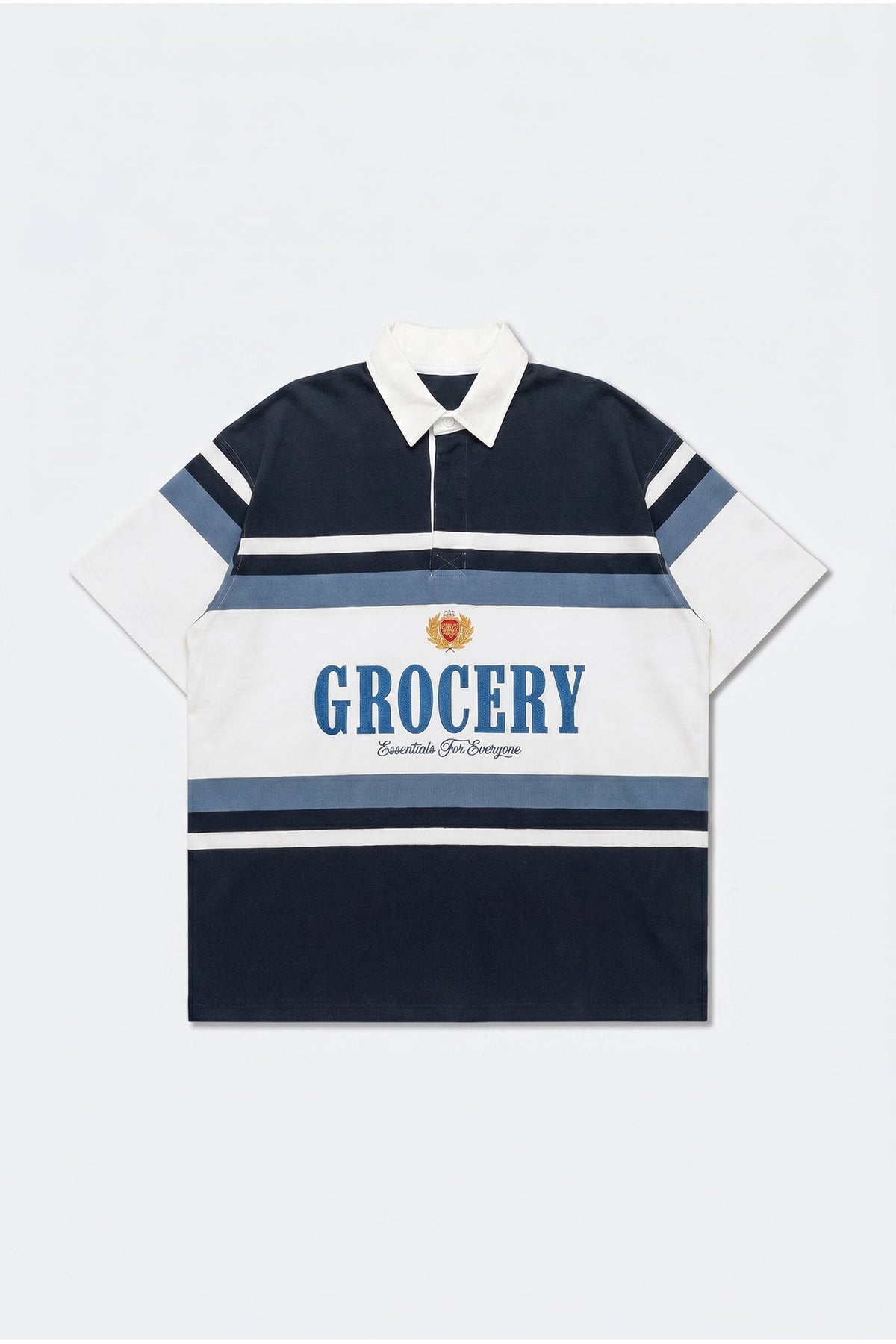 GROCERY COLLEGE LOGO STRIPE POLO SHIRT/ CREAM & NAVY - GROGROCERY