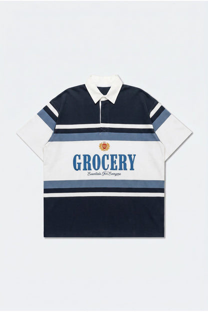 GROCERY COLLEGE LOGO STRIPE POLO SHIRT/ CREAM & NAVY - GROGROCERY