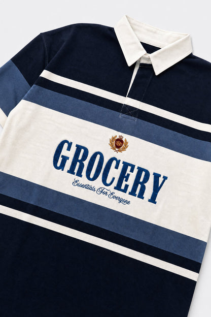 GROCERY COLLEGE LOGO STRIPE POLO SHIRT/ CREAM & NAVY - GROGROCERY
