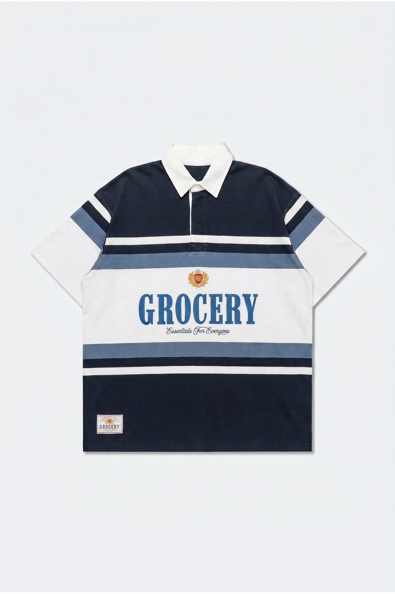 GROCERY COLLEGE LOGO STRIPE POLO SHIRT/ CREAM & NAVY - GROGROCERY