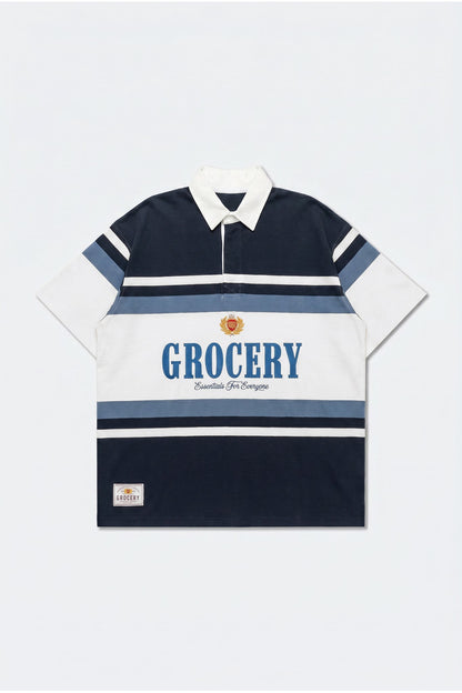 GROCERY COLLEGE LOGO STRIPE POLO SHIRT/ CREAM & NAVY - GROGROCERY