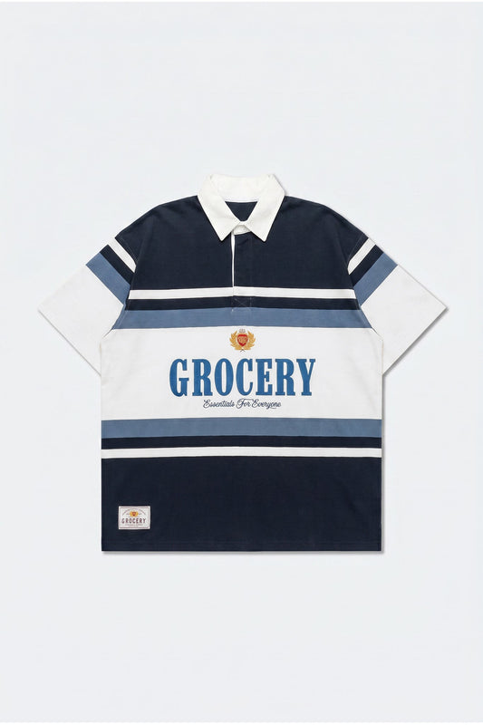 GROCERY COLLEGE LOGO STRIPE POLO SHIRT/ CREAM & NAVY - GROGROCERY