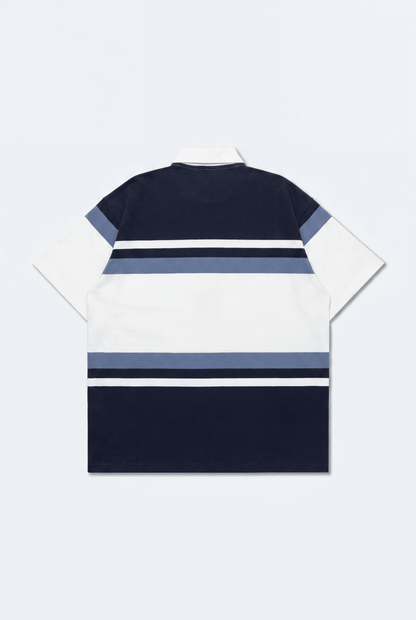 GROCERY COLLEGE LOGO STRIPE POLO SHIRT/ CREAM & NAVY - GROGROCERY