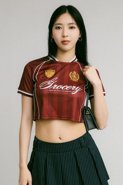 GROCERY COLLEGE STRIPE CROPPED JERSEY/ BURGUNDY - GROGROCERY