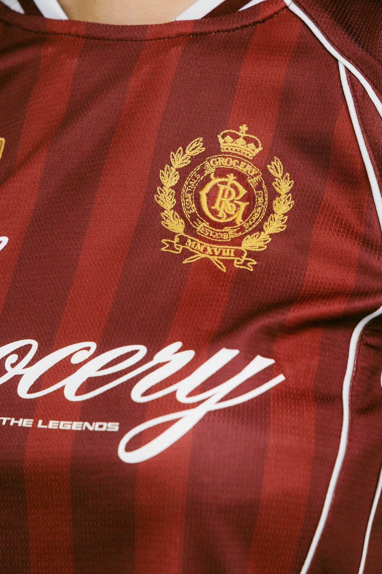GROCERY COLLEGE STRIPE CROPPED JERSEY/ BURGUNDY - GROGROCERY