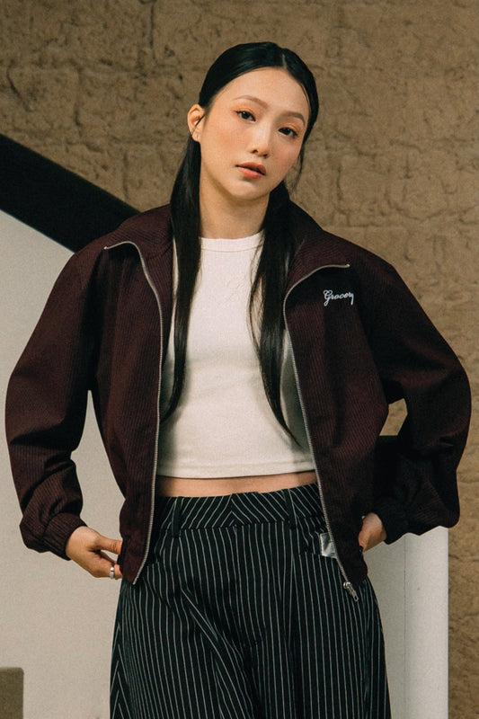 GROCERY CROPPED PINSTRIPE JACKET/ BURGUNDY - GROGROCERY