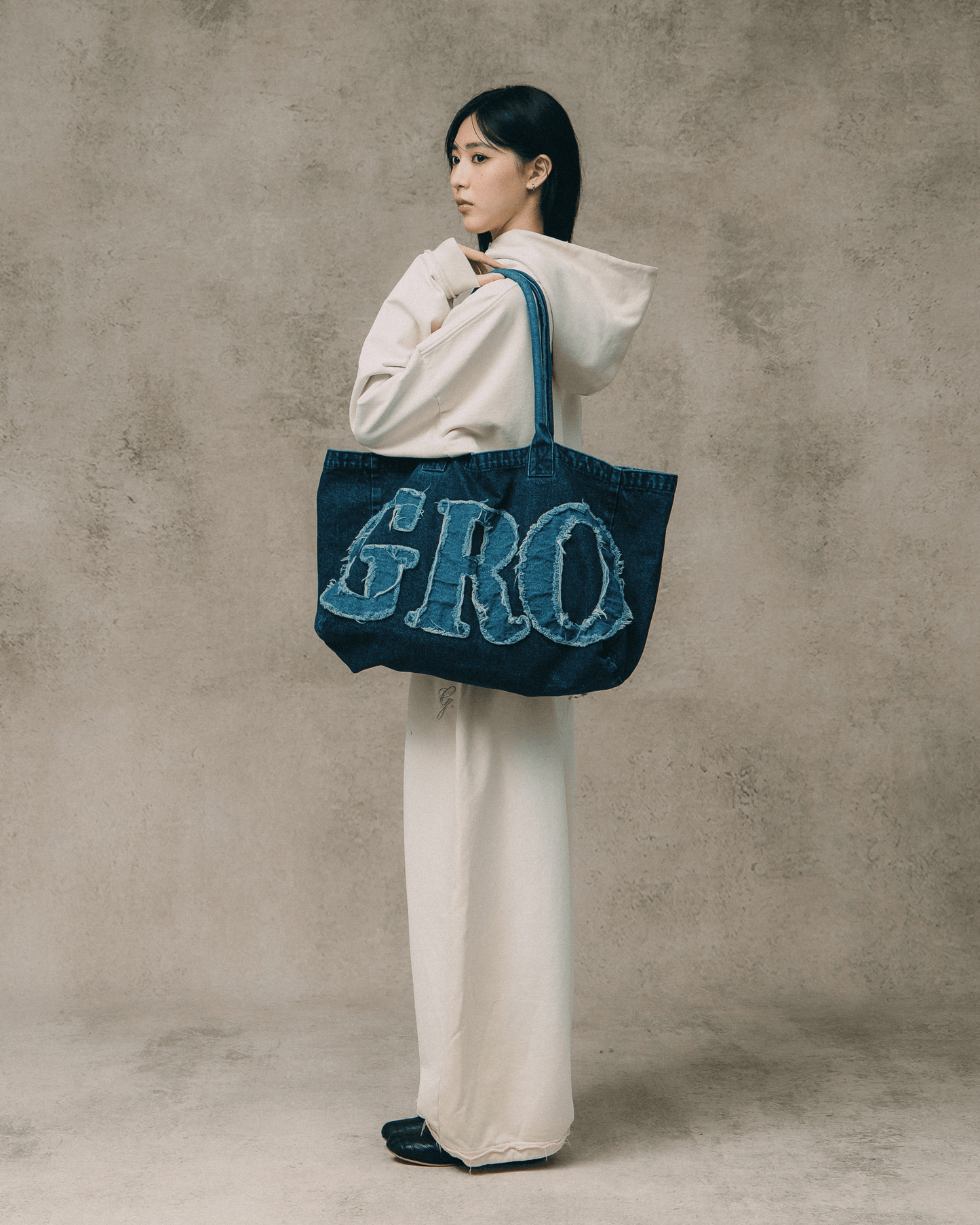 GROCERY DENIM PATCHWORK LOGO SHOPPER TOTE BAG/ INDIGO BLUE - GROGROCERY