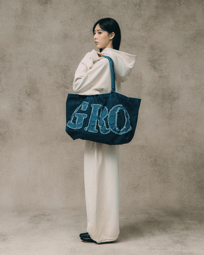 GROCERY DENIM PATCHWORK LOGO SHOPPER TOTE BAG/ INDIGO BLUE - GROGROCERY