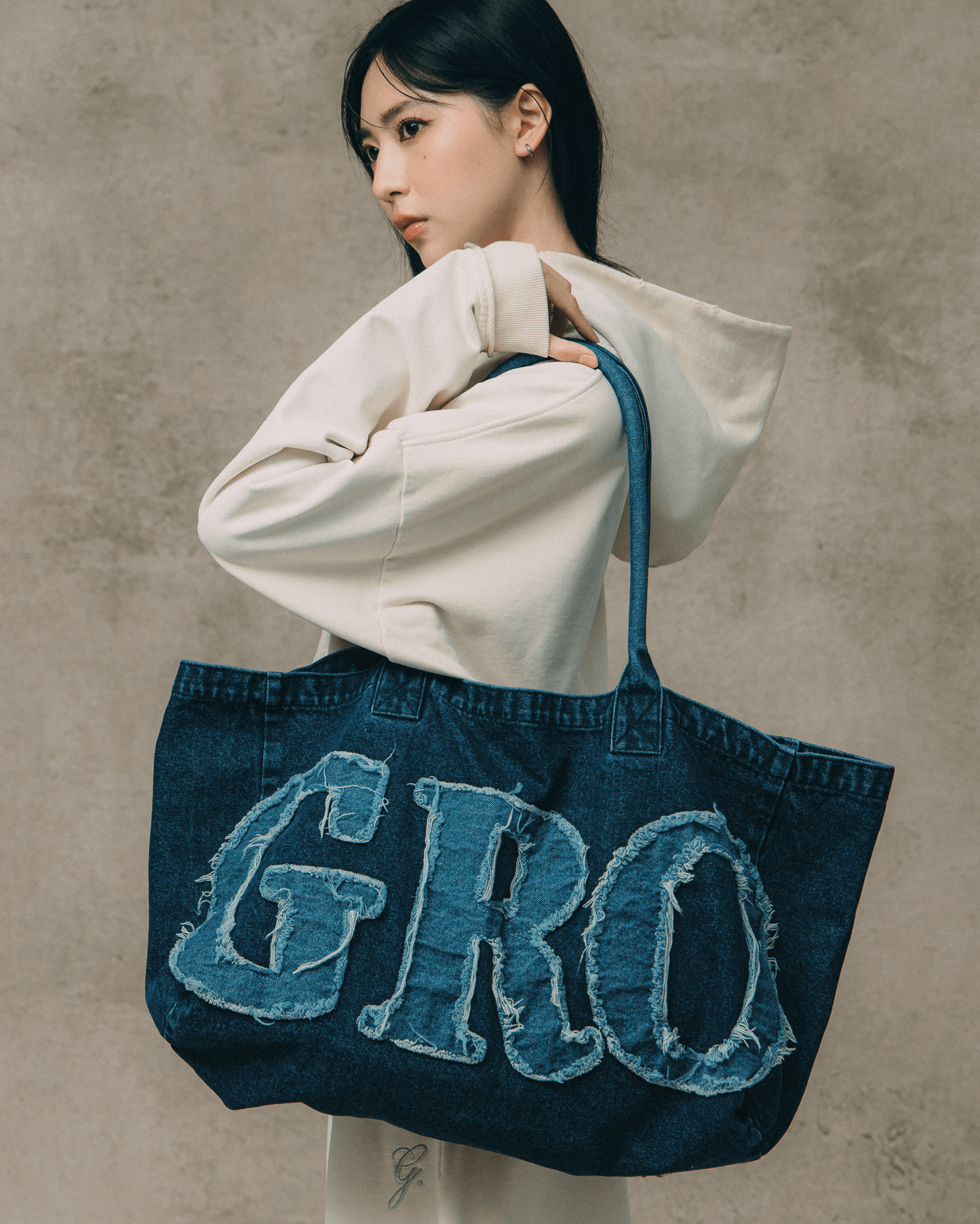 GROCERY DENIM PATCHWORK LOGO SHOPPER TOTE BAG/ INDIGO BLUE - GROGROCERY