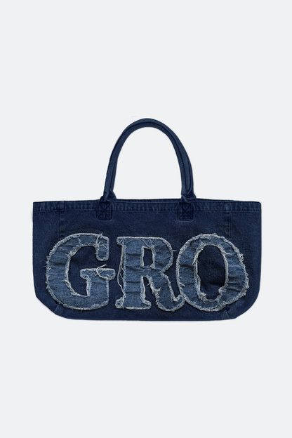 GROCERY DENIM PATCHWORK LOGO SHOPPER TOTE BAG/ INDIGO BLUE - GROGROCERY