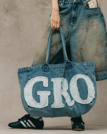 GROCERY DENIM PATCHWORK LOGO SHOPPER TOTE BAG/ LIGHT BLUE - GROGROCERY