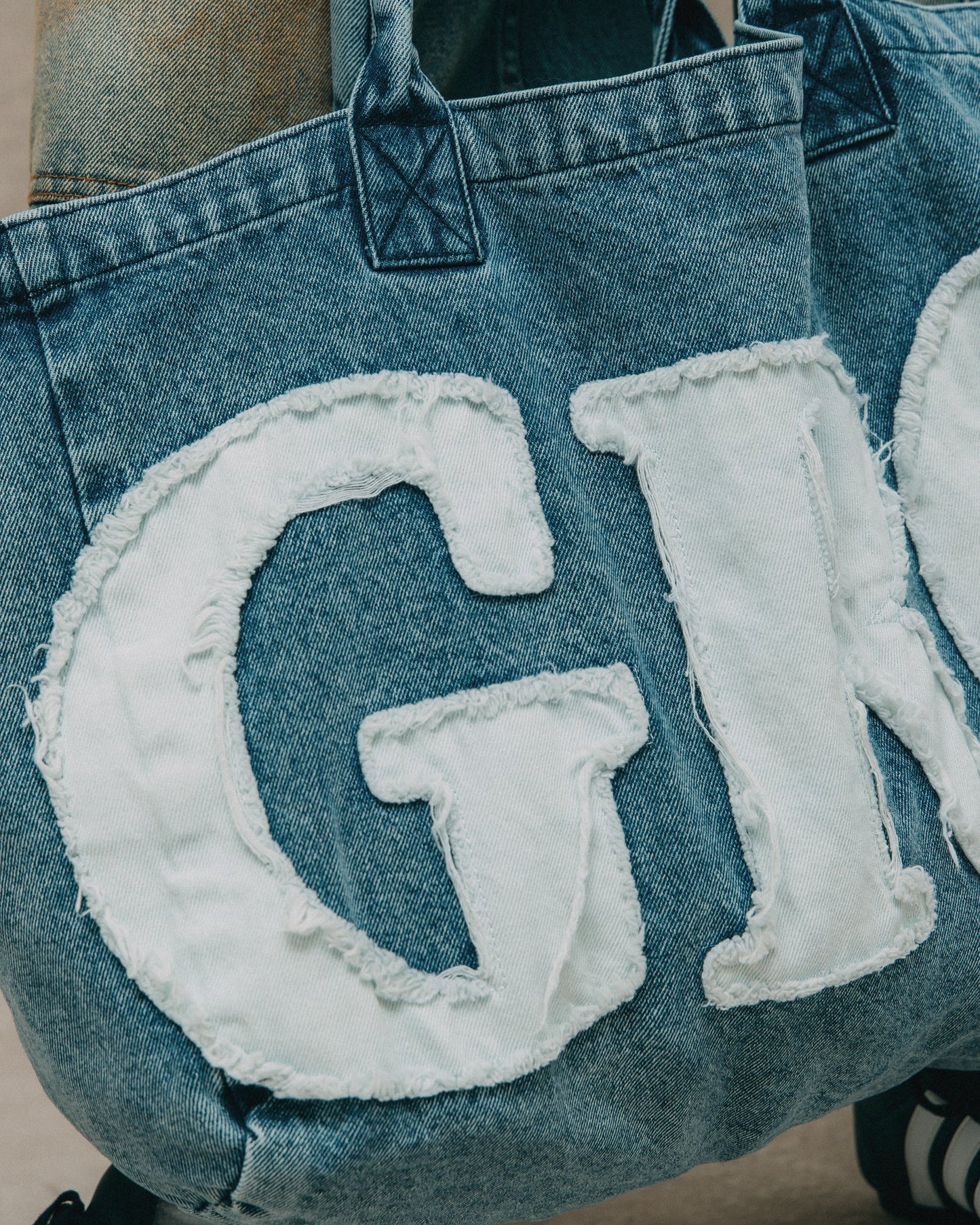 GROCERY DENIM PATCHWORK LOGO SHOPPER TOTE BAG/ LIGHT BLUE - GROGROCERY