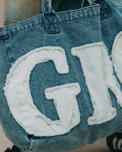 GROCERY DENIM PATCHWORK LOGO SHOPPER TOTE BAG/ LIGHT BLUE - GROGROCERY