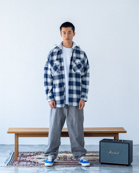 GROCERY DETACHABLE HOOD CHECK OVERSHIRT/ NAVY & WHITE - GROGROCERY