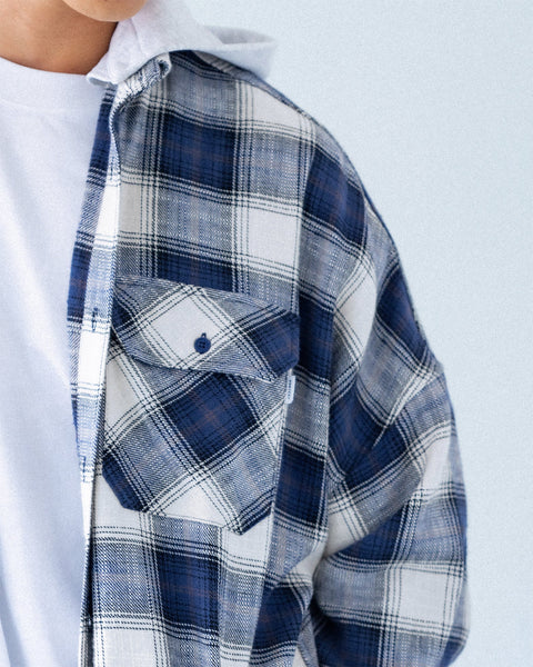 GROCERY DETACHABLE HOOD CHECK OVERSHIRT/ NAVY & WHITE - GROGROCERY