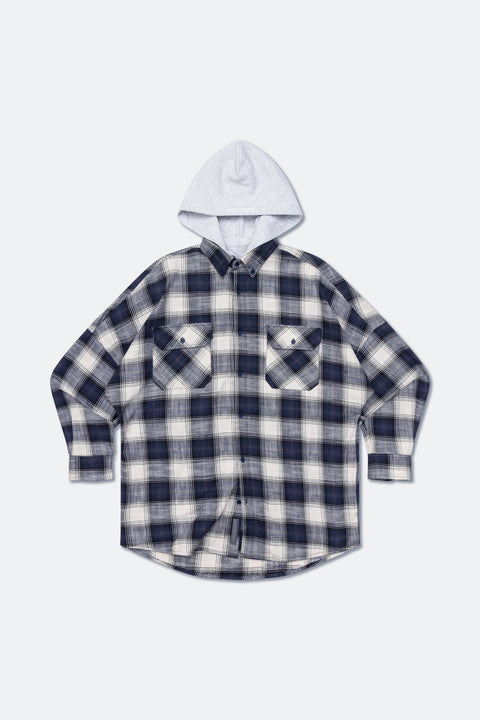 GROCERY DETACHABLE HOOD CHECK OVERSHIRT/ NAVY & WHITE - GROGROCERY