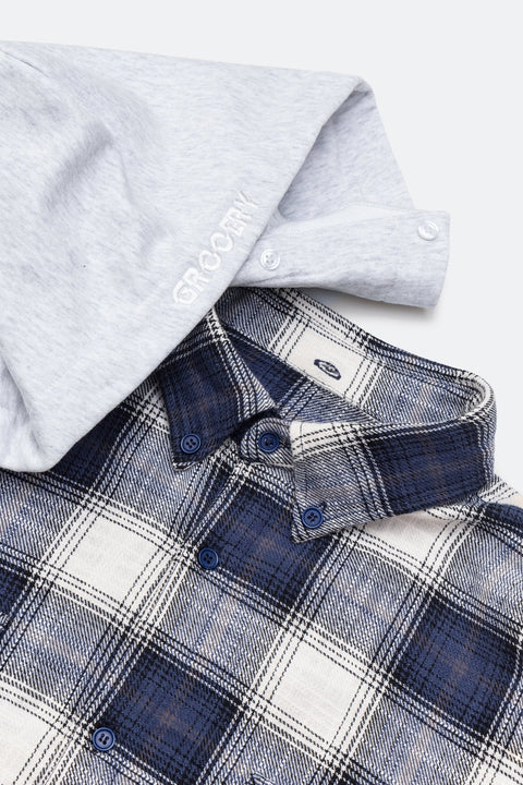 GROCERY DETACHABLE HOOD CHECK OVERSHIRT/ NAVY & WHITE - GROGROCERY