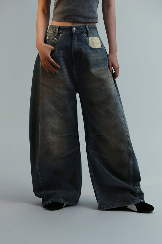 GROCERY DIRTY WASHED BARREL JEANS/ DARK WASH - GROGROCERY