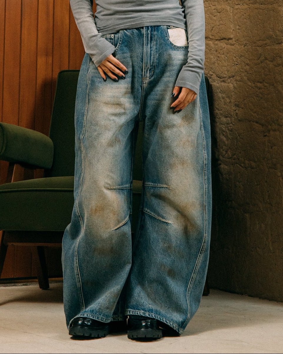 GROCERY DIRTY WASHED BARREL JEANS/ DARK WASH - GROGROCERY