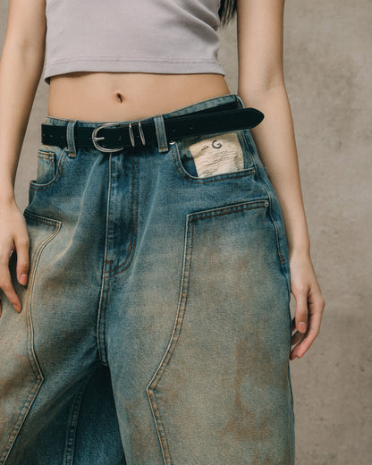 GROCERY DIRTY WASHED DENIM BAGGY JORTS/ DARK WASH - GROGROCERY