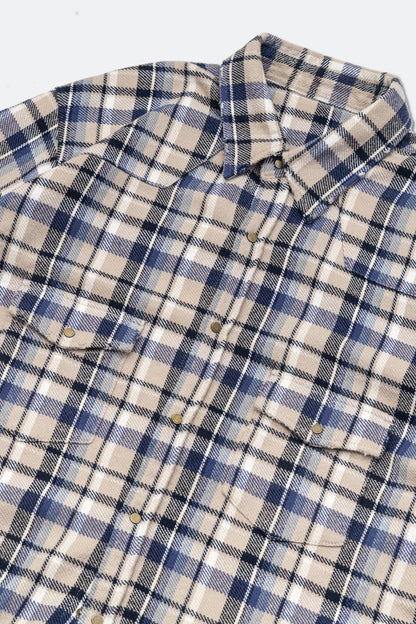 GROCERY DOUBLE POCKET FLANNEL SHIRT/ BEIGE & NAVY - GROGROCERY