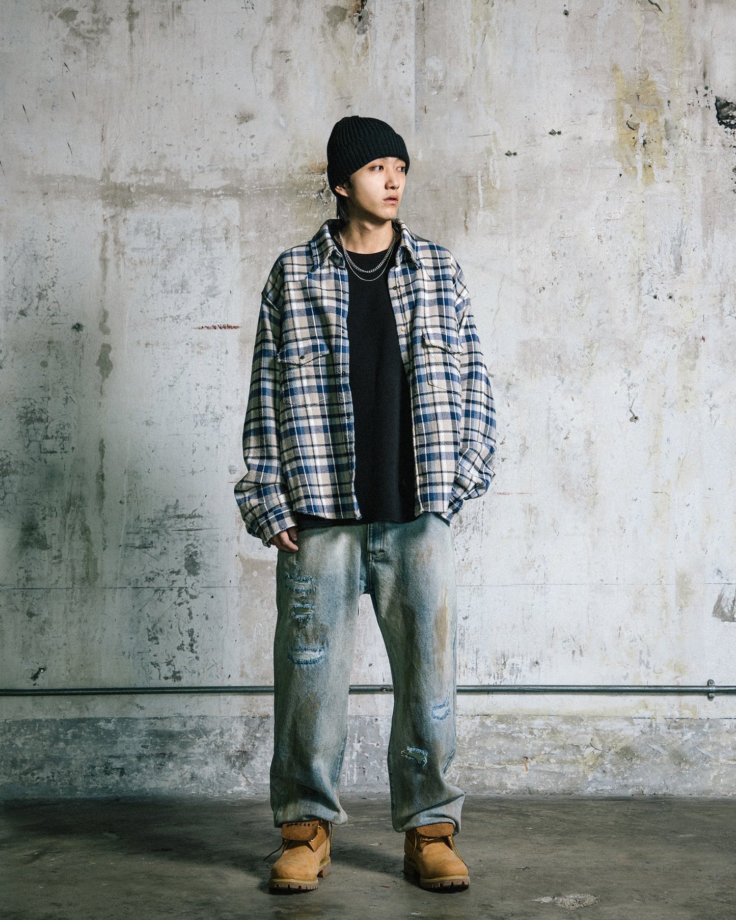 GROCERY DOUBLE POCKET FLANNEL SHIRT/ BEIGE & NAVY - GROGROCERY