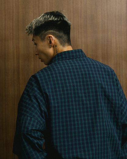 GROCERY DOUBLE POCKET OVERSIZED CHECK SHIRT/ NAVY & GREEN - GROGROCERY