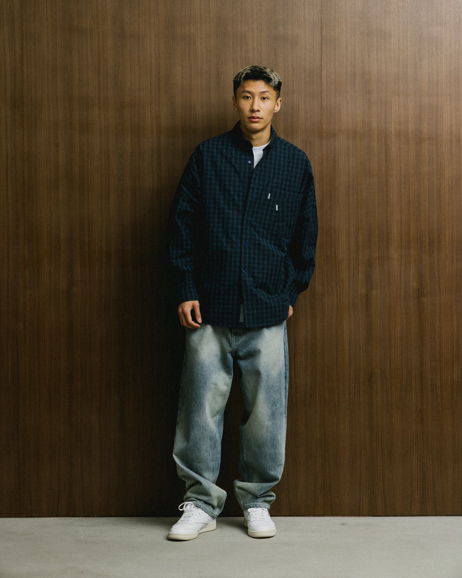 GROCERY DOUBLE POCKET OVERSIZED CHECK SHIRT/ NAVY & GREEN - GROGROCERY