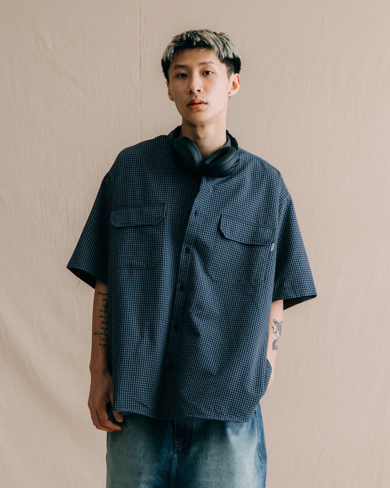 GROCERY DOUBLE POCKET SHORT SLEEVE CHECK SHIRT/ NAVY - GROGROCERY