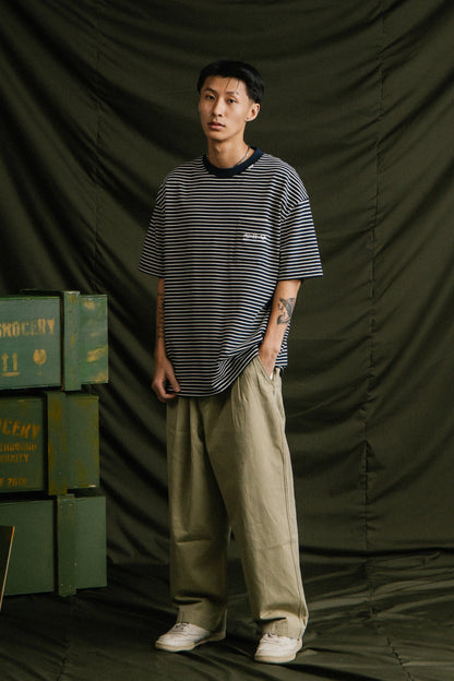 GROCERY EMBROIDERY LOGO POCKET STRIPE TEE/ NAVY & WHITE - GROGROCERY