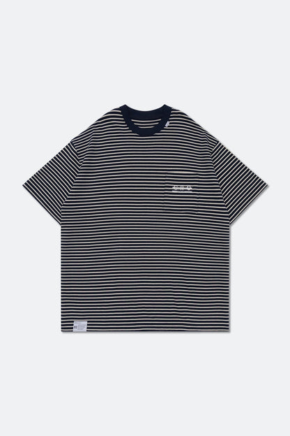GROCERY EMBROIDERY LOGO POCKET STRIPE TEE/ NAVY & WHITE - GROGROCERY