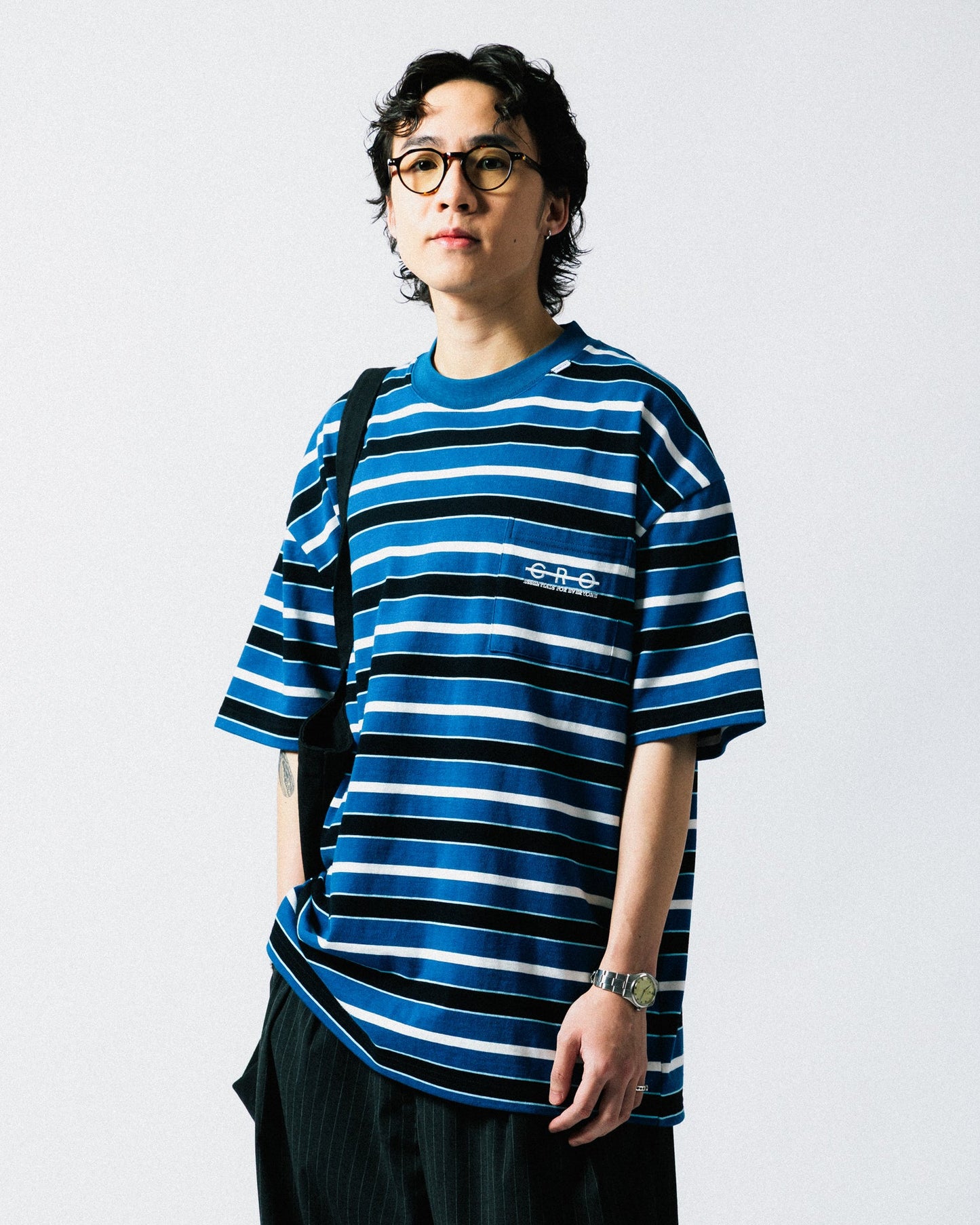GROCERY EMBROIDERY LOGO STRIPE POCKET TEE/ BLUE & WHITE - GROGROCERY