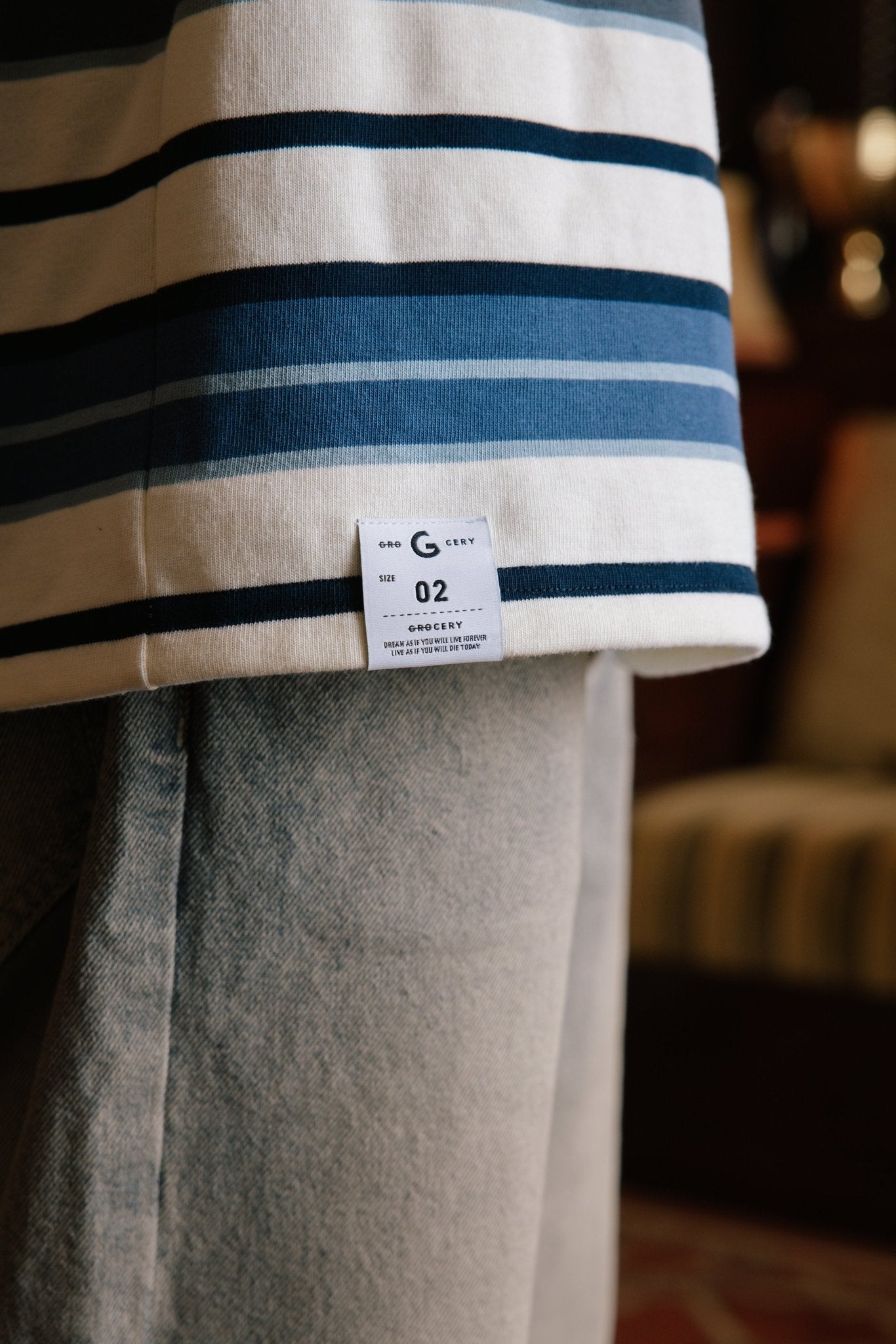GROCERY EMBROIDERY LOGO STRIPE POCKET TEE/ CREAM & BLUE - GROGROCERY
