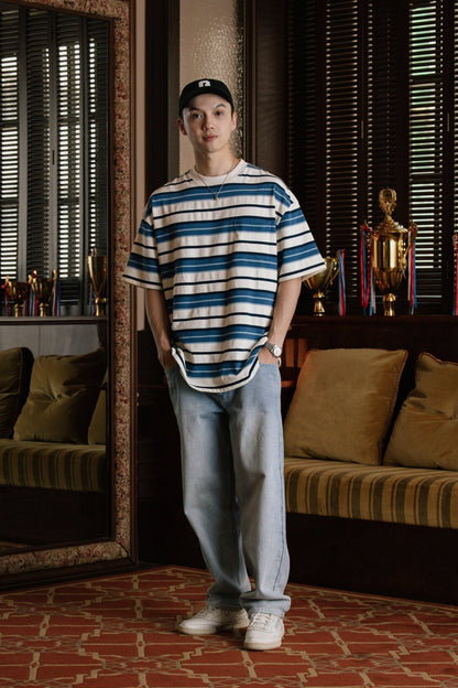 GROCERY EMBROIDERY LOGO STRIPE POCKET TEE/ CREAM & BLUE - GROGROCERY