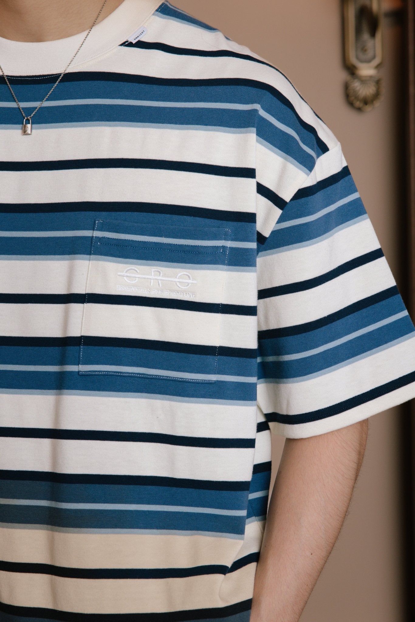 GROCERY EMBROIDERY LOGO STRIPE POCKET TEE/ CREAM & BLUE - GROGROCERY