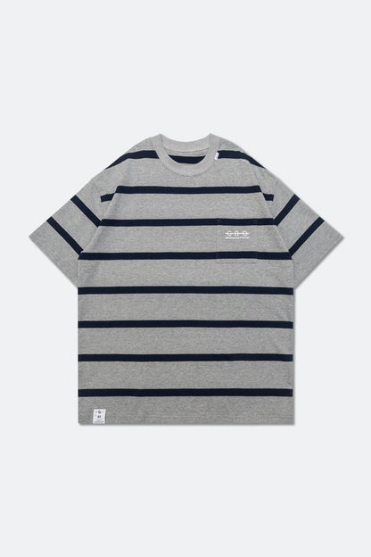 GROCERY EMBROIDERY LOGO STRIPE POCKET TEE/ GREY & NAVY - GROGROCERY